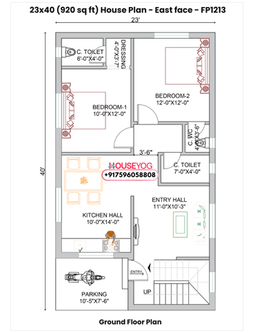 2 Bedroom House Plan with Porch - 23x40 East Facing 2 BHK House Plan (920 Sq Ft)