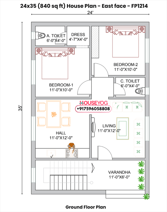 2 bedroom house plan with verandah - 24x35 east facing 2 bhk (840 sq ft)