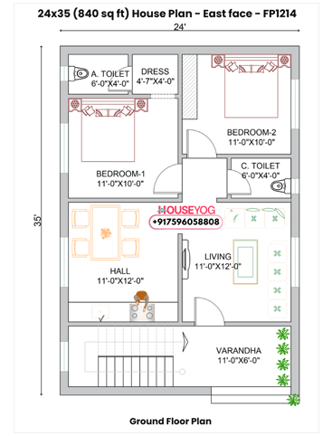 2 Bedroom House Plan with Verandah - 24x35 East Facing 2 BHK (840 Sq Ft)
