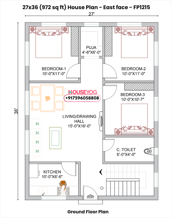 3 bhk house plan (27×36) - east facing 972 sq ft home with puja room