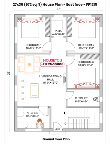 3 BHK House Plan (27×36) - East Facing 972 Sq Ft Home with Puja Room