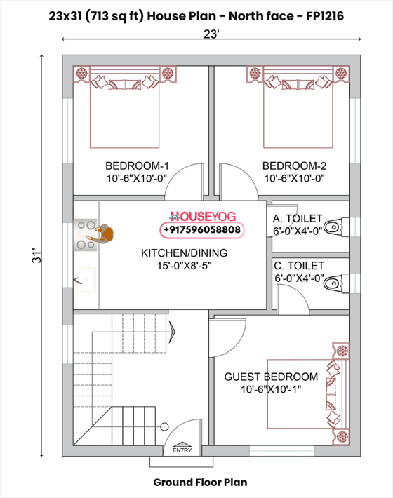 3 bedroom house plan (23×31) - north facing 3 bhk home design