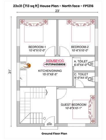3 Bedroom House Plan (23×31) - North Facing 3 BHK Home Design