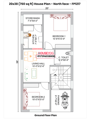 2 BHK House Plan (20×38) - East Facing Home with Porch & Bike Parking