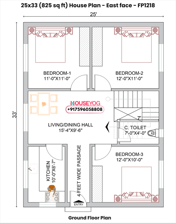 Modern 3bhk house plan 25x33 east facing - 825 sq ft single floor design