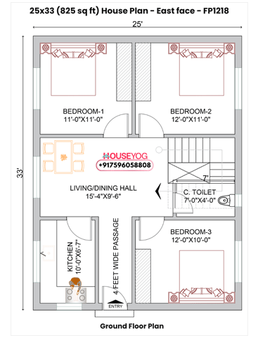 Modern 3BHK House Plan 25x33 East Facing - 825 Sq Ft Single Floor Design