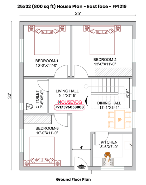 Simple 3bhk house plan 25x32 east facing - 800 sq ft budget home