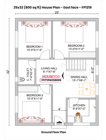 Simple 3BHK House Plan 25x32 East Facing - 800 Sq Ft Budget Home