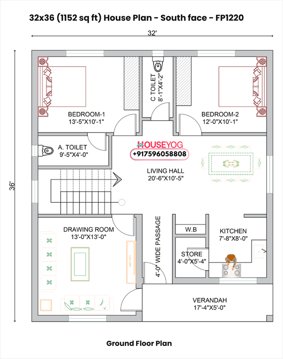 Modern 3bhk house design - 32x36 south facing home plan (1152 sq ft)