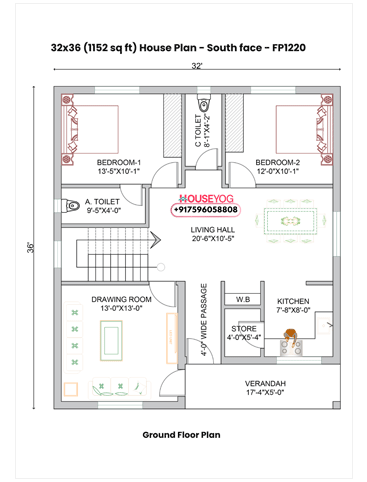 Modern 3BHK House Design - 32x36 South Facing Home Plan (1152 Sq Ft)