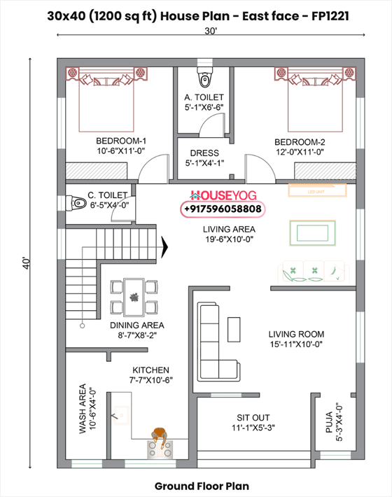 30x40 east facing 2bhk house plan (1200 sq ft) - spacious single floor layout with puja room