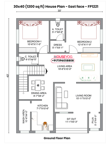 30x40 East Facing 2BHK House Plan (1200 sq ft) - Spacious Single Floor Layout with Puja Room