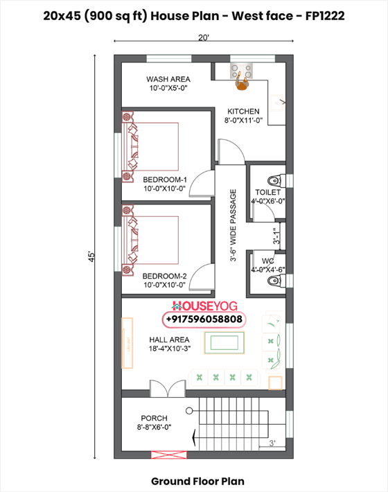 2BHK House Design with Porch - 20x45 West Facing Village Home Plan