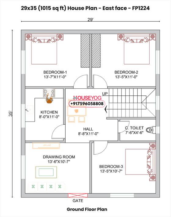 Compact 3BHK Simple Plan - 29x35 East Facing House Plan (1015 Sq Ft)