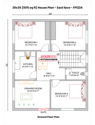 29x35 Single Floor 3 BHK East Facing Indian House Plan