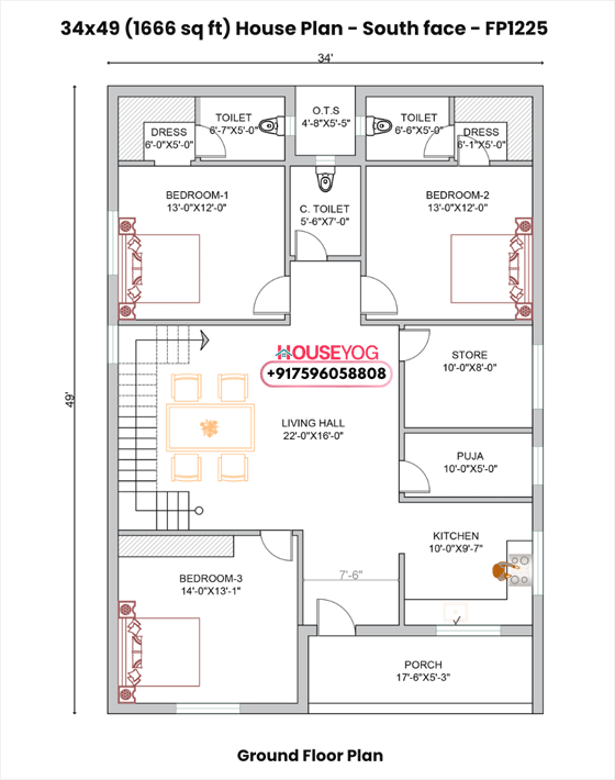 3BHK Modern House Plan with Master Suite – 34x49 South Facing Layout (1666 Sq Ft) PDF