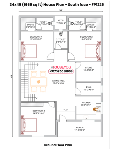 34x49 Single Floor 3 BHK South Facing Indian House Plan