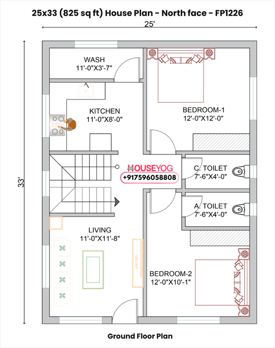 2BHK South-Facing House Plan – 25x33 Ft Vastu Layout (825 Sq Ft)