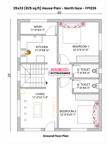 25x33 Single Floor 2 BHK North Facing Indian House Plan