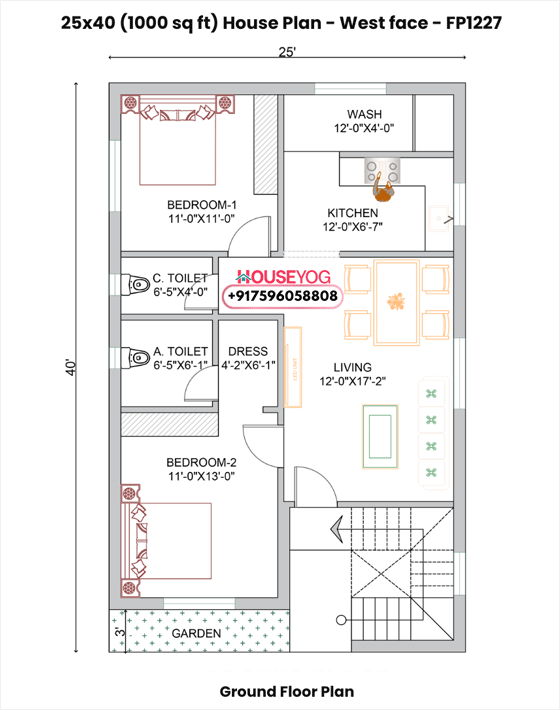 2 BHK House Plan 1000 Sq Ft - 25x40 West Facing Single Floor Home