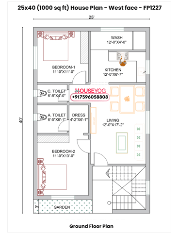 2 BHK House Plan 1000 Sq Ft - 25x40 West Facing Single Floor Home
