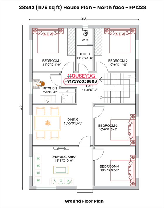 28x42 North Facing House Plan - 4 BHK Village Home with PDF