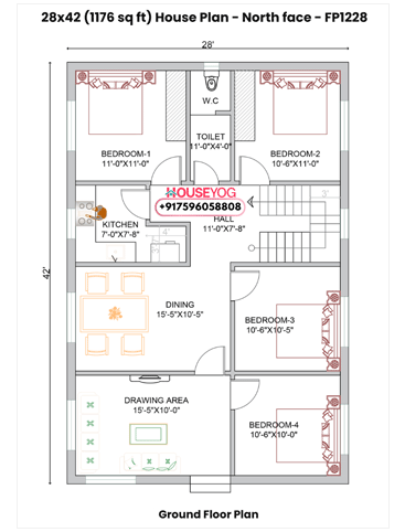 28x42 North Facing House Plan - 4 BHK Village Home with PDF