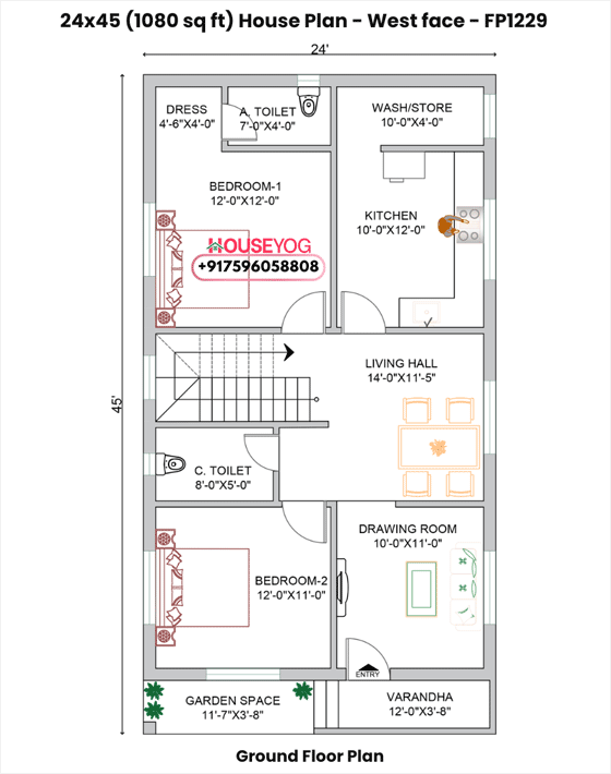 24x45 West Facing House Plan (1080 Sq Ft) – 2 BHK Single Floor
