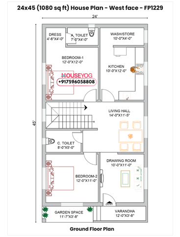 24x45 West Facing House Plan (1080 Sq Ft) – 2 BHK Single Floor