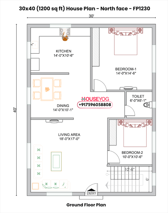 30x40 north facing 2bhk single floor house plan (1200 sq ft) - spacious village home design