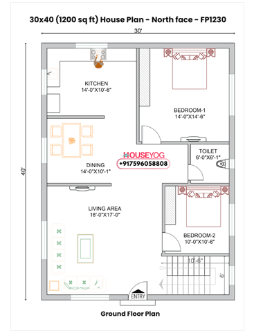30x40 North Facing 2BHK Single Floor House Plan (1200 Sq Ft) - Spacious Village Home Design