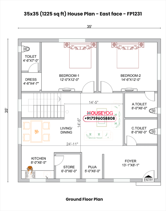 35x35 House Plan East Facing – 2 BHK Ground Floor (1280 Sq Ft)
