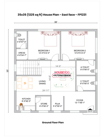 35x35 House Plan East Facing – 2 BHK Ground Floor (1280 Sq Ft)