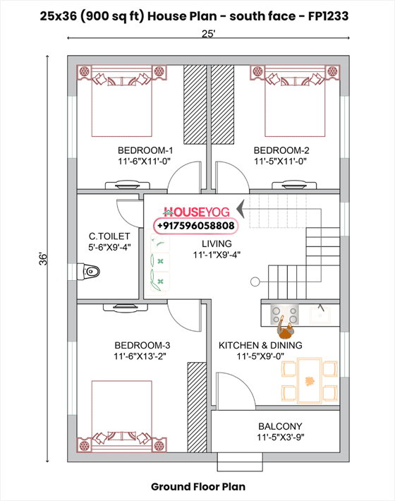 25×36 South Facing 3BHK House Plan (900 Sq Ft) - Single Floor Compact Home Design