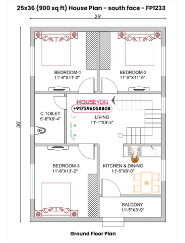 25×36 South Facing 3BHK House Plan (900 Sq Ft) - Single Floor Compact Home Design