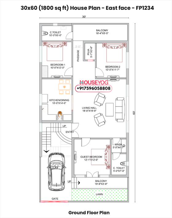 30×60 East Facing 3BHK House Plan with Car Parking (1800 Sq Ft)