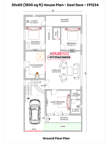 30×60 East Facing 3BHK House Plan with Car Parking (1800 Sq Ft)
