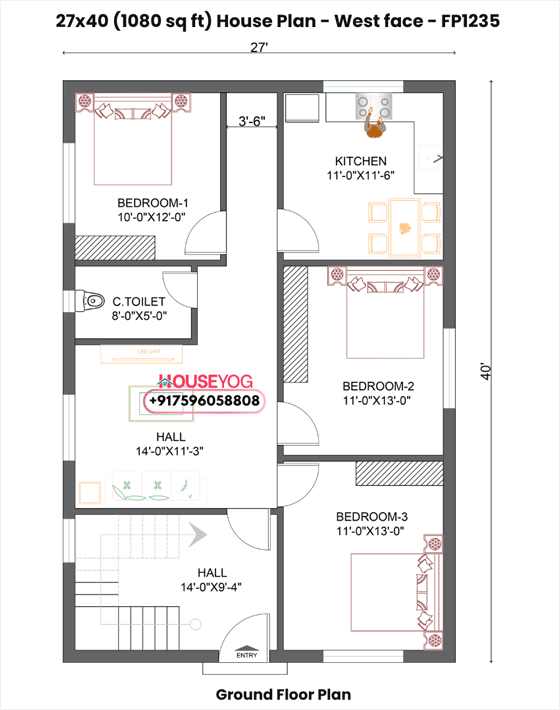27×40 West Facing 3BHK House Plan (1080 Sq Ft) - Single Floor Village Home