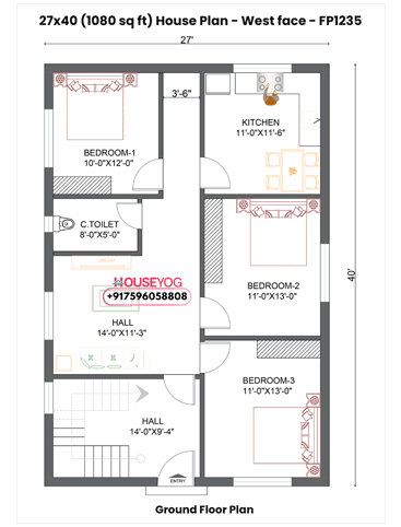 27×40 West Facing 3BHK House Plan (1080 Sq Ft) - Single Floor Village Home