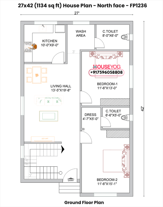 27×42 North Facing 2BHK House Plan (1134 Sq Ft) - Modern Single Floor Design