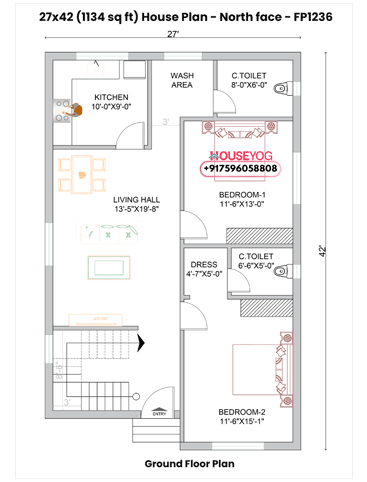 27×42 North Facing 2BHK House Plan (1134 Sq Ft) - Modern Single Floor Design