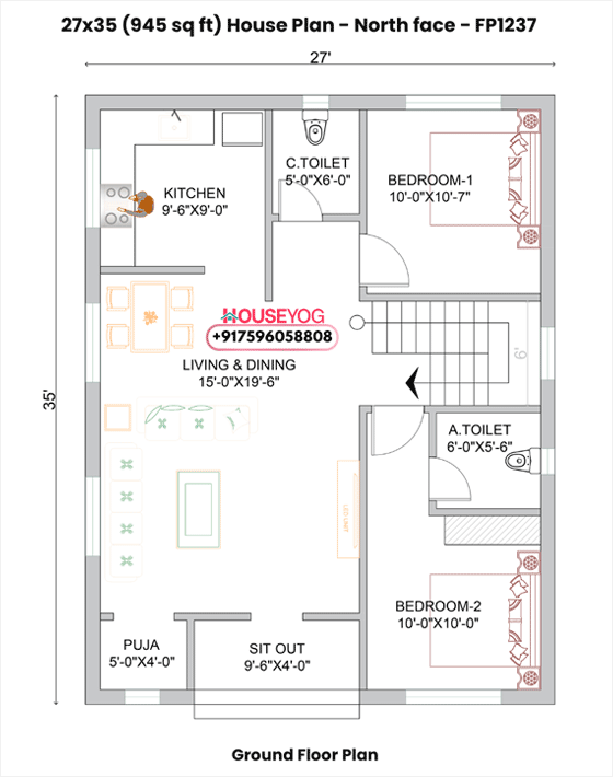 27×35 House Plan North Facing - 2BHK Ground Floor Plan with Verandah (935 Sq Ft)