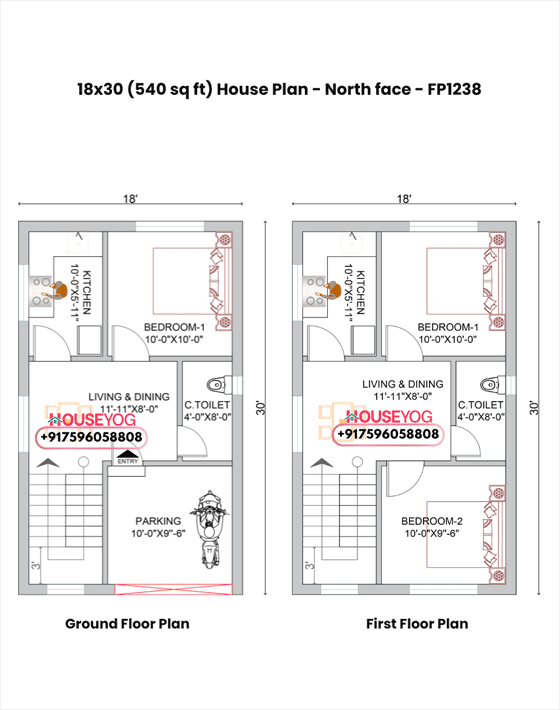 18×30 House Plan North Facing - 3BHK Small Budget Two Storey Home (540 Sq Ft)