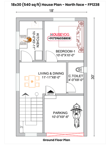 18×30 House Plan North Facing - 3BHK Small Budget Two Storey Home (540 Sq Ft)