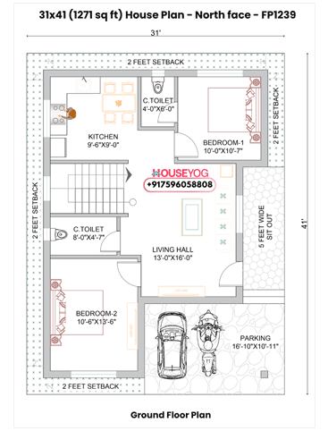31×41 House Plan North Facing - 2BHK Modern Layout with Parking (1271 Sq Ft)