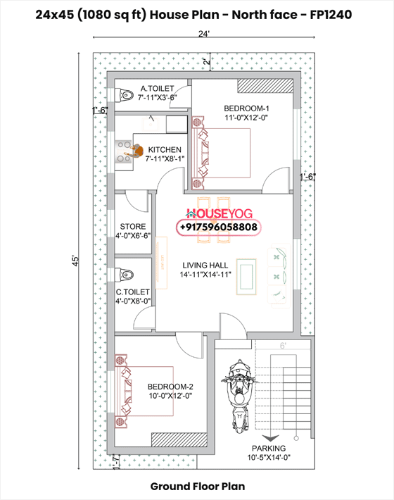 24×45 House Plan North Facing - 2BHK Ground Floor with Parking (1080 Sq Ft)