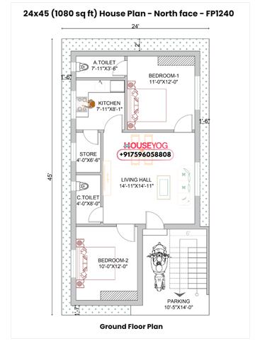 24×45 House Plan North Facing - 2BHK Ground Floor with Parking (1080 Sq Ft)