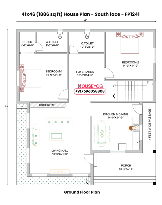 41×46 House Plan South Facing - Luxurious 2BHK with Porch (1886 Sq Ft)