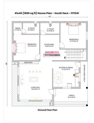 41×46 House Plan South Facing - Luxurious 2BHK with Porch (1886 Sq Ft)