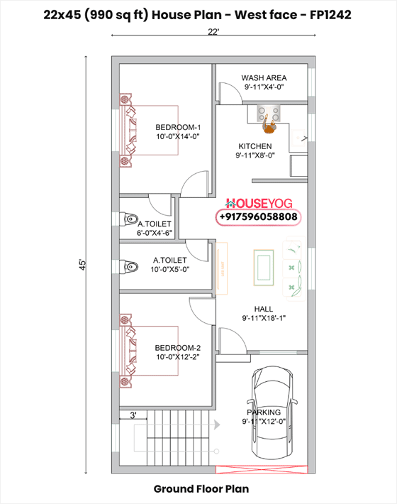 22x45 West Facing 2BHK House Plan with Car Parking - 990 Sqft Modern Layout